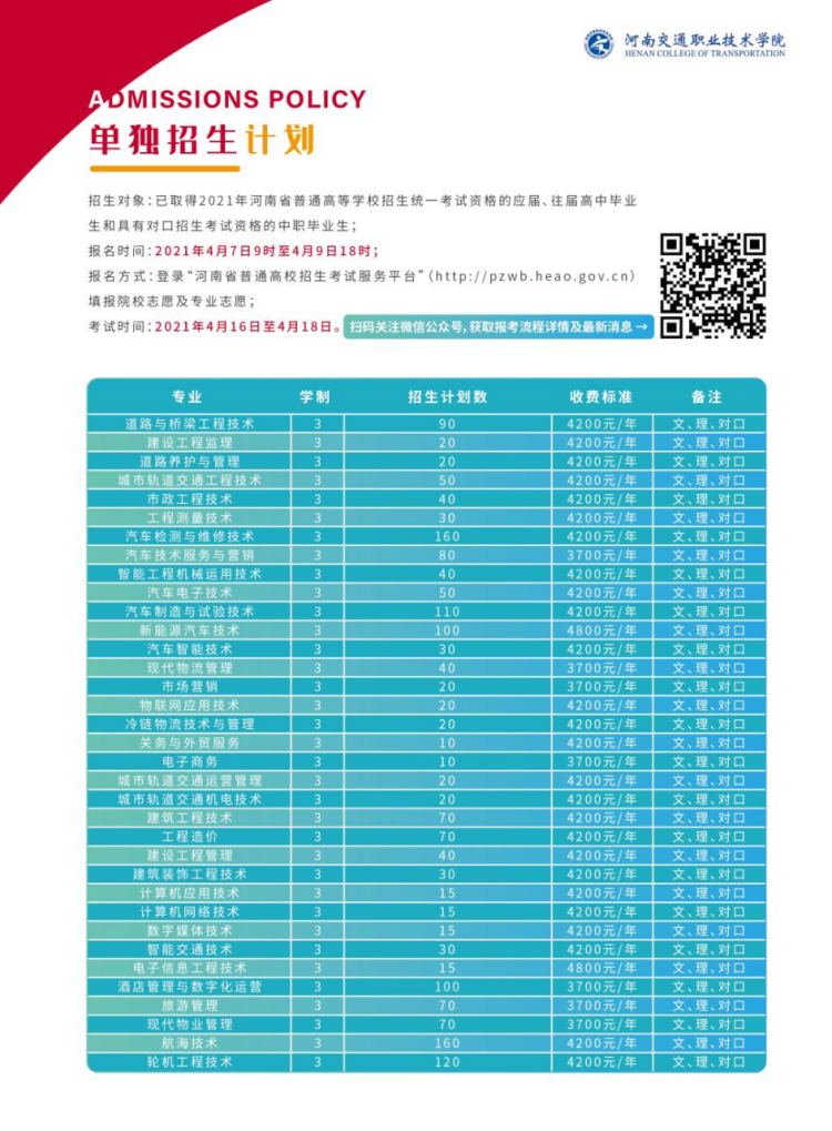 河南交通職業(yè)技術(shù)學(xué)院－2021年單獨(dú)招生簡章